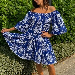 Juliet Dunn London Blue White Cotton Off Shoulder Mini Dress